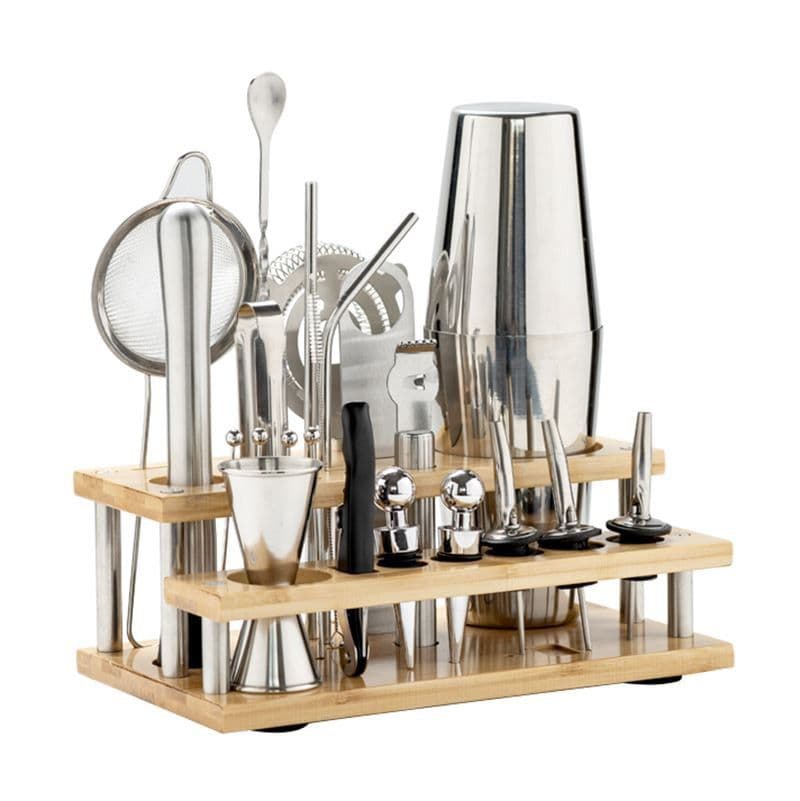 Boston Cocktail Shaker Set With 2-Tier Bamboo Stand