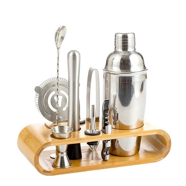 Silver-Tone Shaker Set with Bamboo Stand